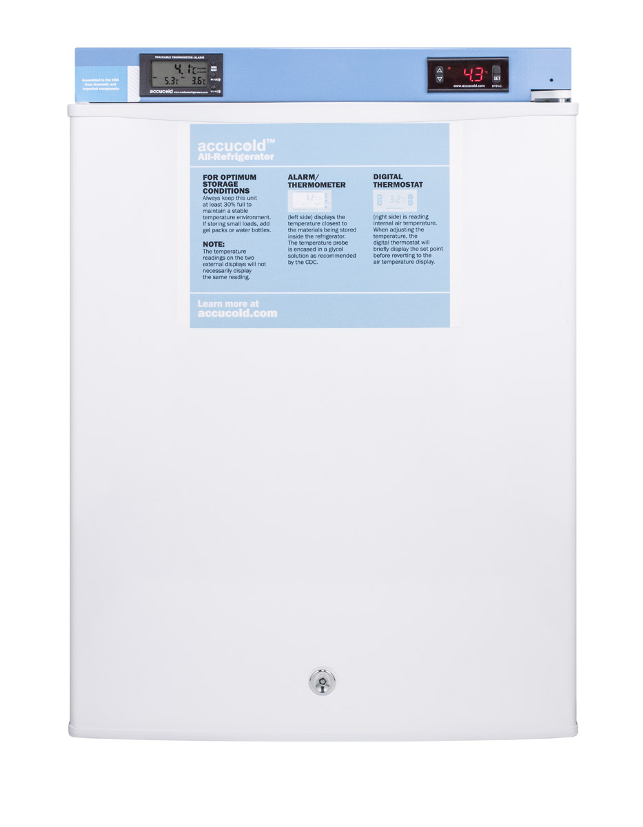 Compact auto defrost medical/scientific all-refrigerator with digital thermostat, NIST calibrated thermometer/alarm, front lock, hospital grade cord, and internal fan